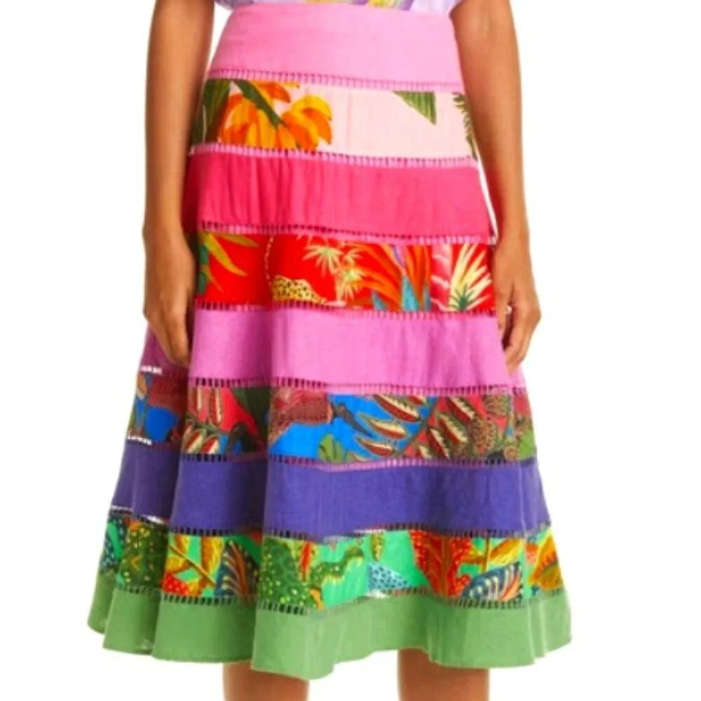 FARM Rio Rainbow Mixed Prints Tiered Midi Skirt Gypsy Bohemian - Picture 4 of 15